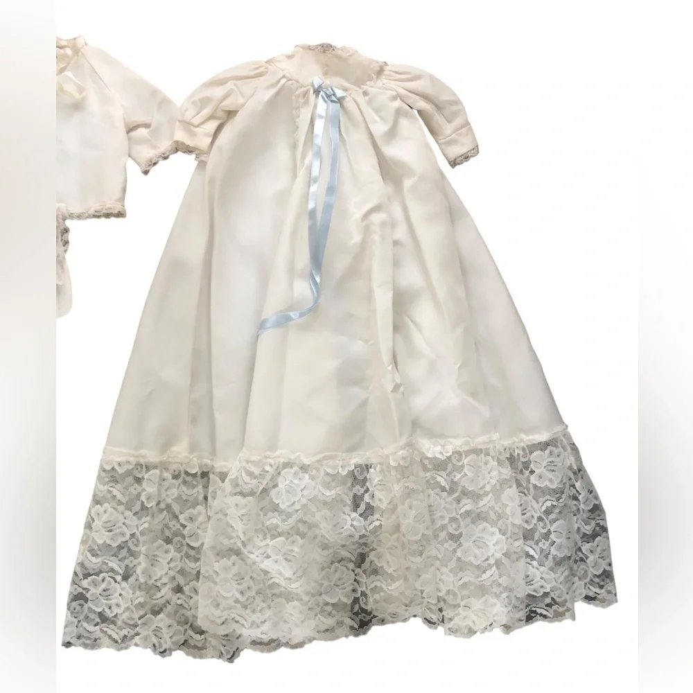 VTG Infant Christening Baptism 4 PC Dress Cape Cardigan Bonnet Ivory W/Lace OS